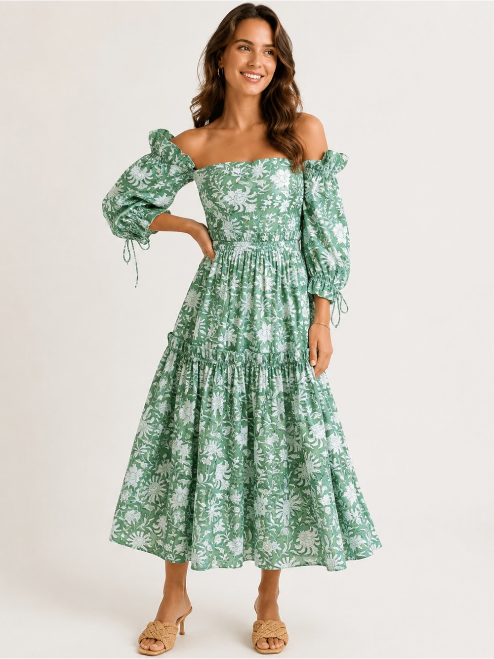 Eddy Olivia Midi Dress XL Green Floral Off Shoulder Puff Sleeve Tiered Cottageco